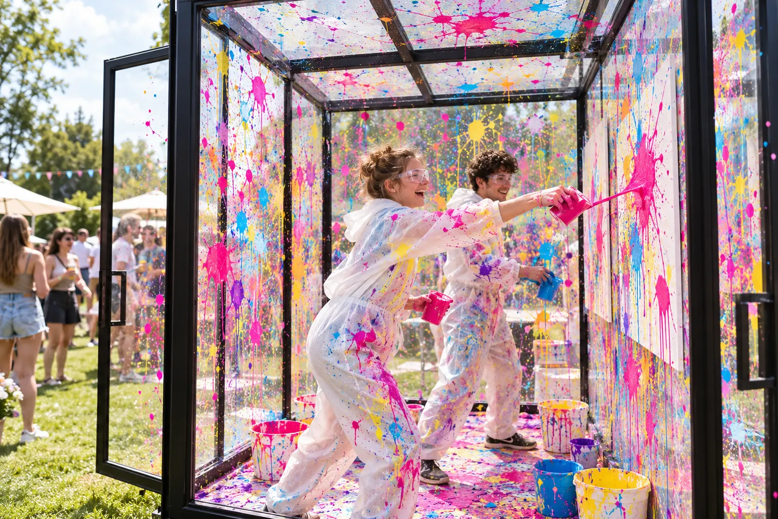 Zwei Gäste in Schutzanzügen werfen Farbe in der Artbox auf einem Festival